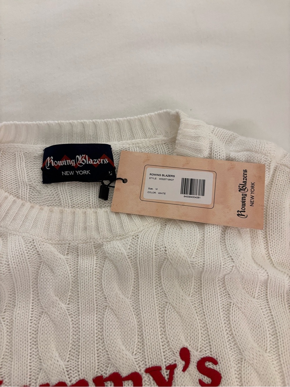 🍝 ROWING BLAZERS “Mommy’s Little Meatball” Cable Knit Sweater - White - NWT 🍝 - Picture 4 of 4